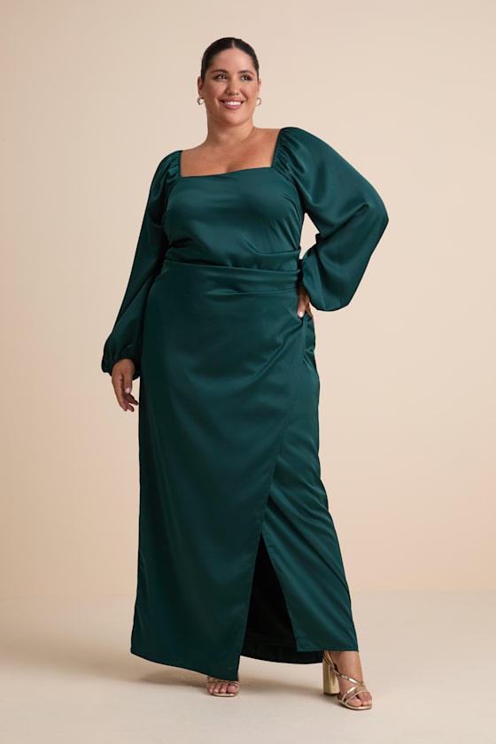 Eternal Heart Emerald Green Satin Long Sleeve Maxi Dress