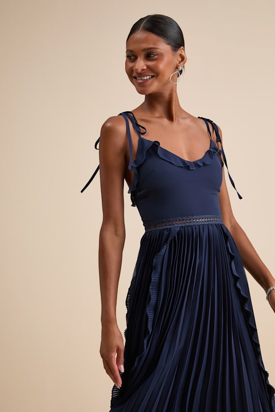 Never a Dull Moment Navy Tie-Strap Pleated Midi Dress
