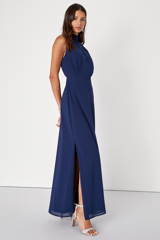 Classic Elegance Navy Chiffon Sleeveless Mock Neck Maxi Dress