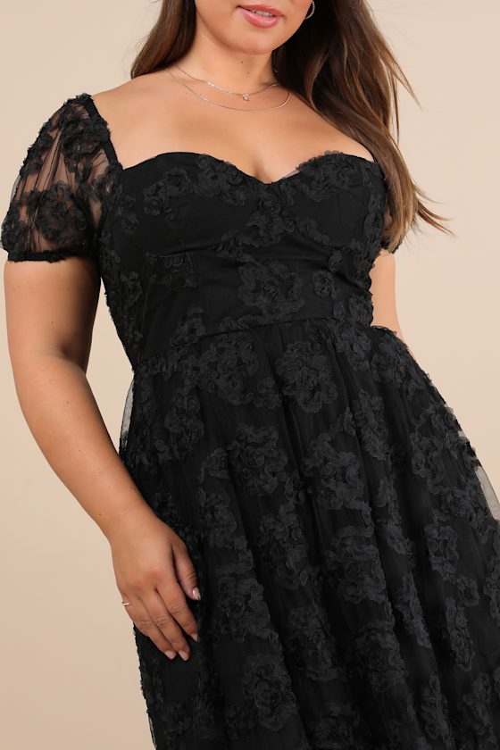 Notable Elegance Black Mesh Floral Applique Bustier Midi Dress