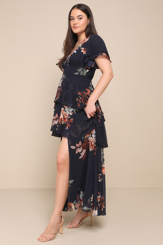 Midnight Mood Navy Blue Floral Print Tiered Maxi Dress