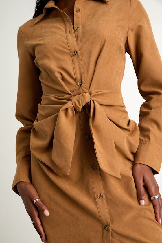 Autumnal Views Tan Suede Button-Up Tie-Front Midi Dress