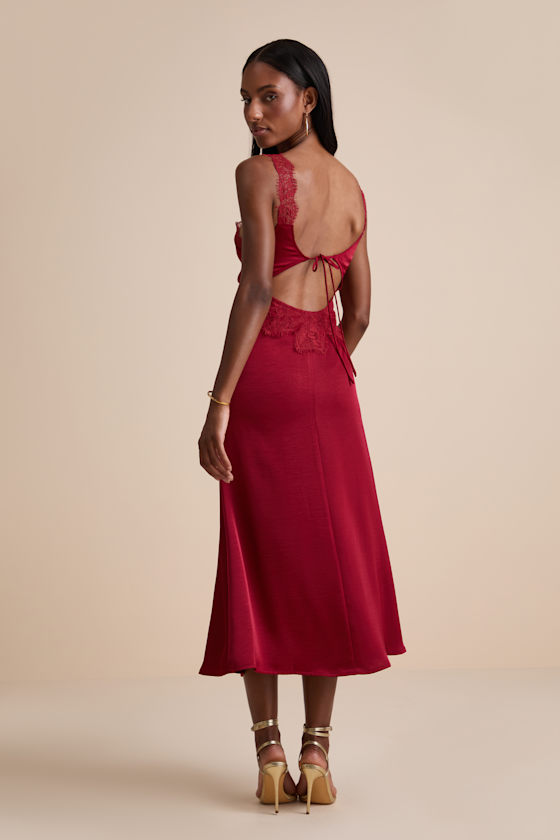 Alayah Red Satin Lace Tie-Back Midi Dress