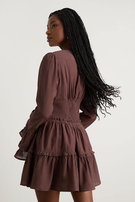 Ayaana Brown Long Sleeve Tiered Mini Dress