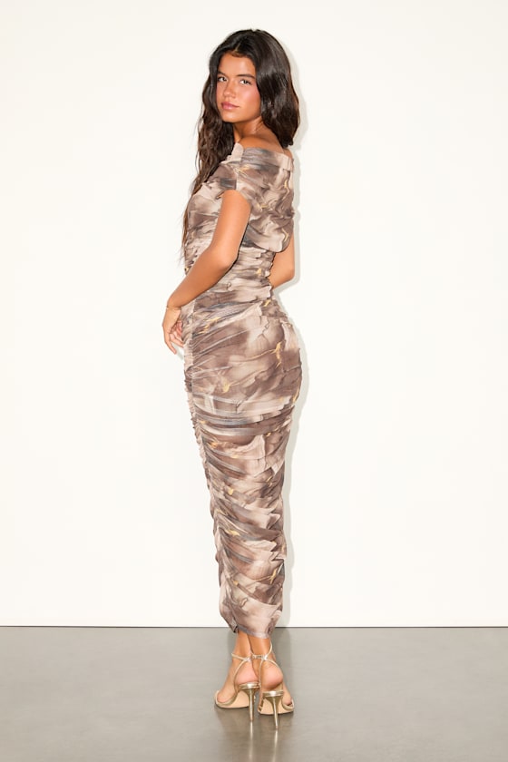 Sunama Taupe Abstract Mesh Ruched Bodycon Midi Dress