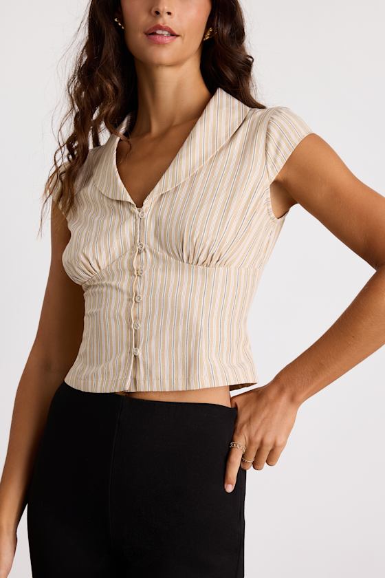 Alexis Beige Striped Collared Button-Up Top