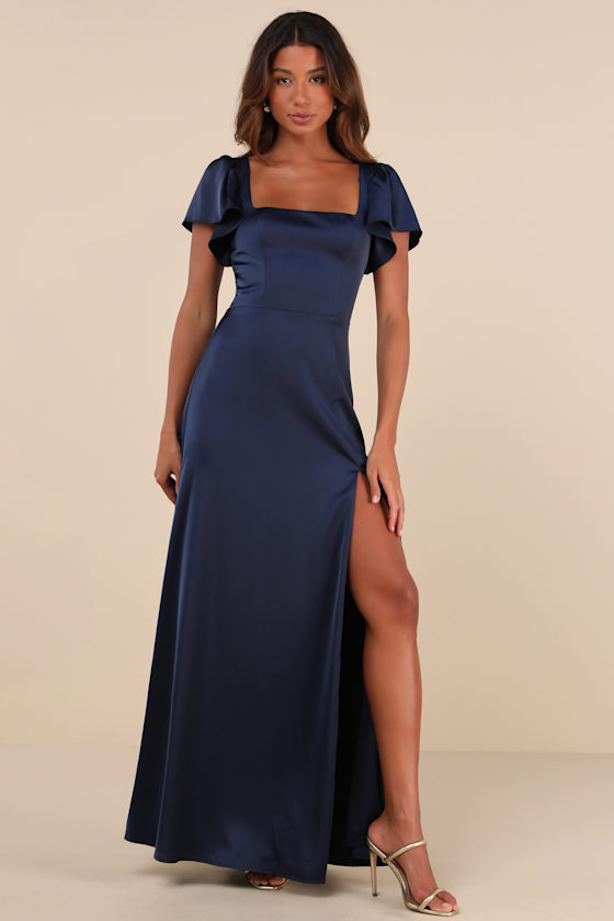 Ultimate Sweetness Navy Blue Satin Flutter Sleeve Maxi Dress