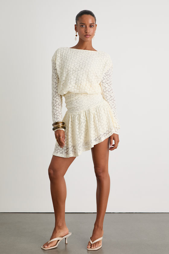 Zallie Ivory Textured Knit Ruched Long Sleeve Mini Dress
