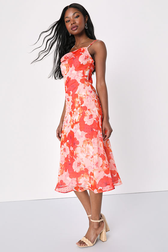 Fabulous Destiny Pink Floral Swiss Dot Cowl Neck Midi Dress