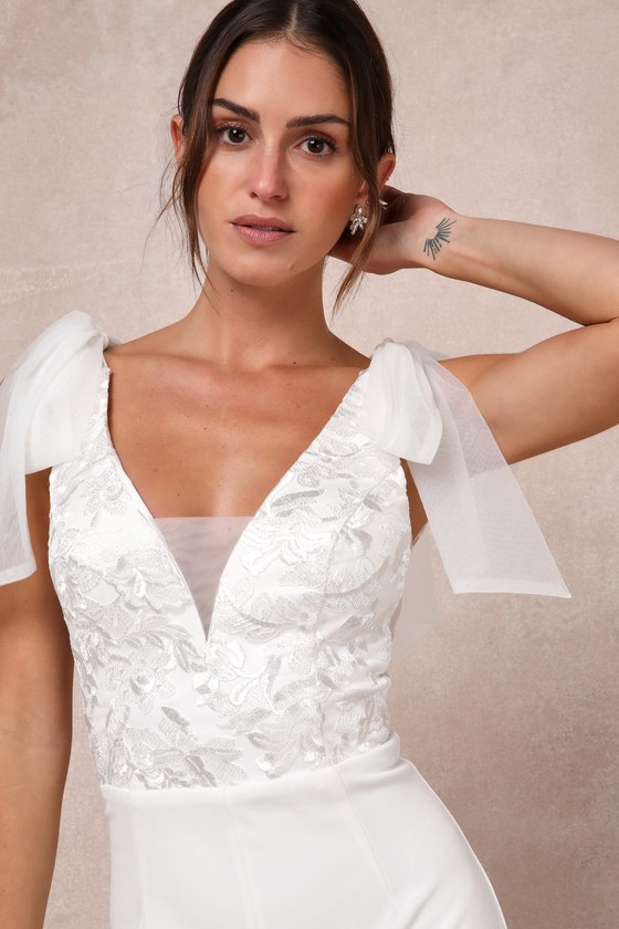 Dignified Beauty White Mesh Embroidered Tie-Strap Jumpsuit