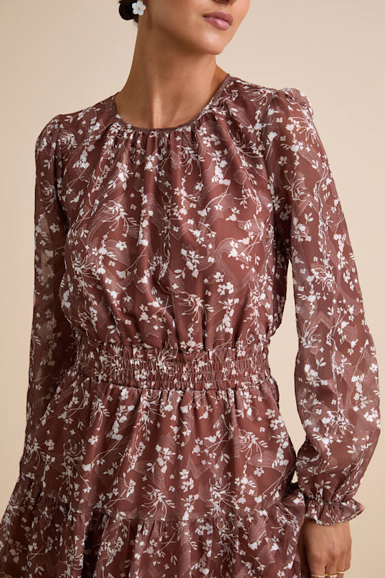 Too Cute Brown Floral Print Smocked Long Sleeve Mini Dress