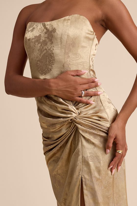 Whitney Gold Jacquard Strapless Twist-Front Maxi Dress