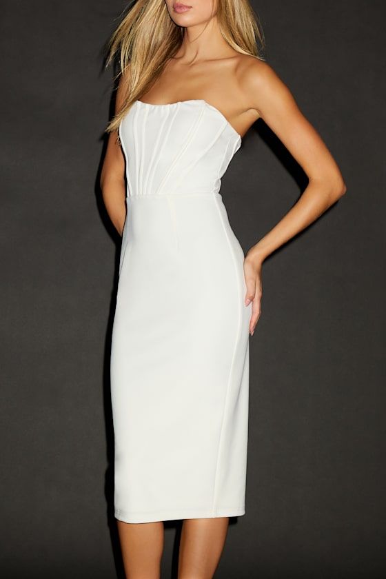 Gorgeously Sultry White Bustier Strapless Midi Dress