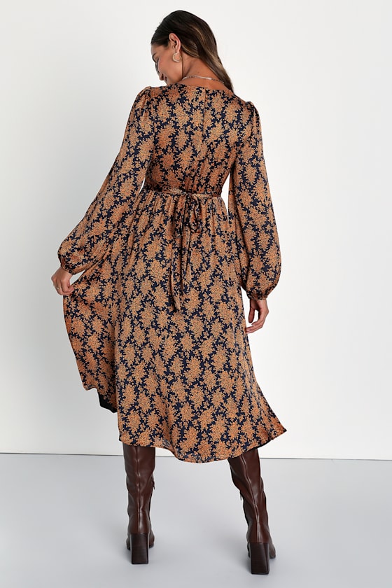 Graceful Impression Black and Orange Floral Print Midi Dress