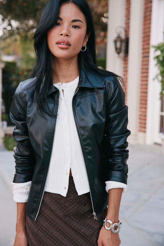 Rossana Black Vegan Leather Collared Jacket