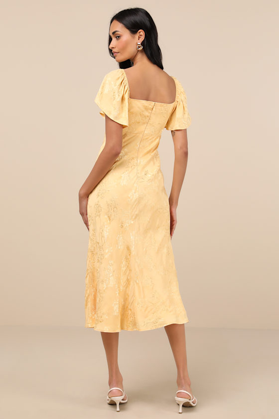 Effervescent Afternoon Yellow Satin Flutter Sleeve Midi Dress