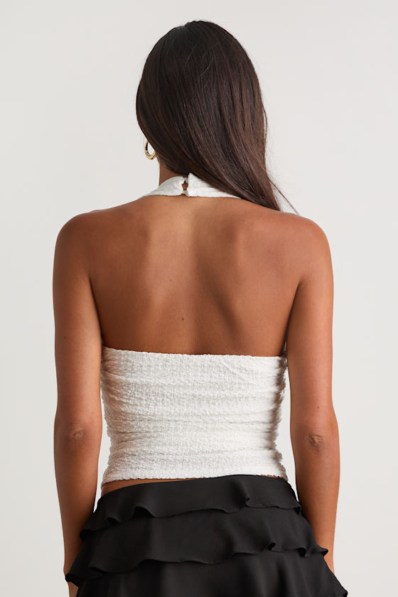 Andressa White Textured Knit Ruched Halter Top