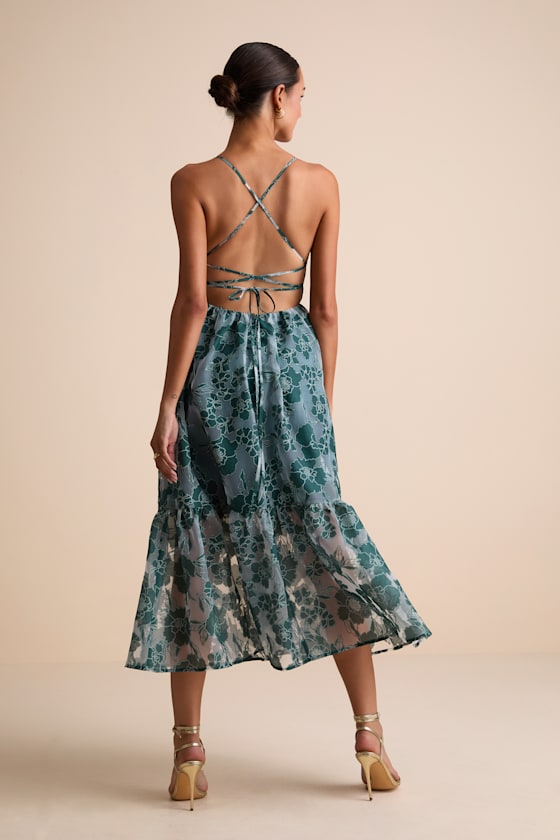 Feeling Like Forever Teal Jacquard Organza Lace-Up Midi Dress