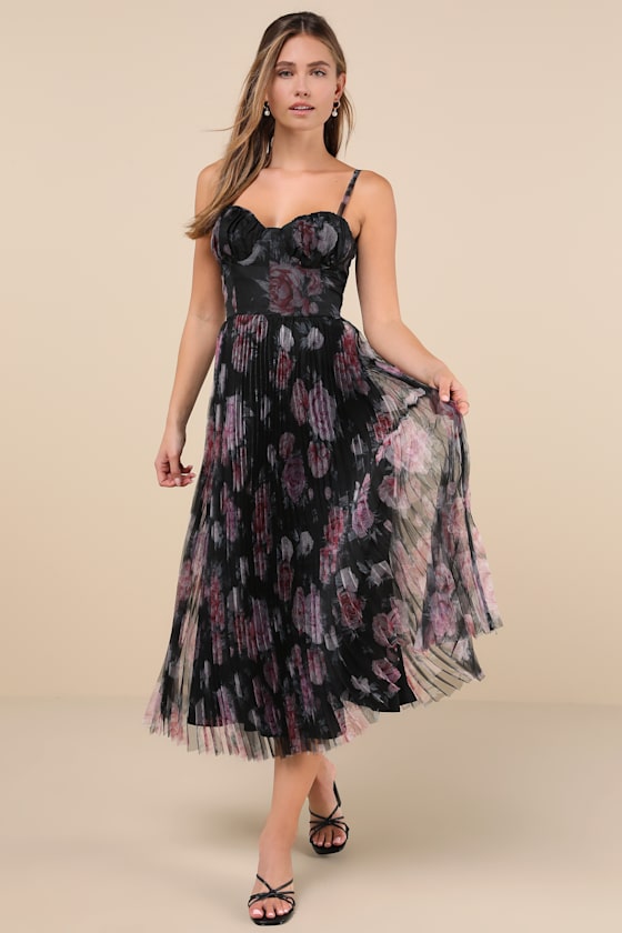 Alluring Invite Black Floral Pleated Bustier Midi Dress