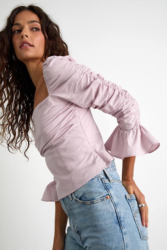 Felia Dusty Lavender Cotton Ruched Three-Quarter Sleeve Top