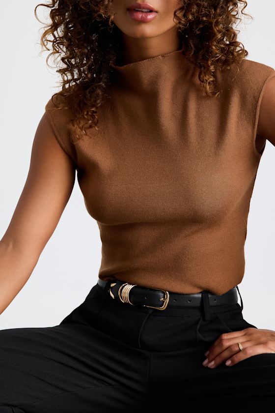 Suki Light Brown Mock Neck Cap Sleeve Sweater Top