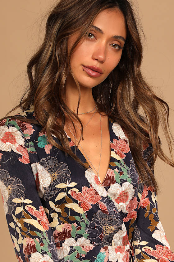 So Splendid Navy Blue Floral Satin Long Sleeve Wrap Dress