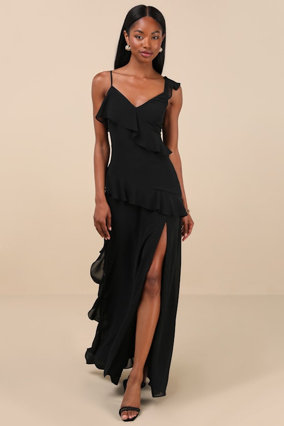 Utterly Captivating Black Ruffled Sleeveless Maxi Dress