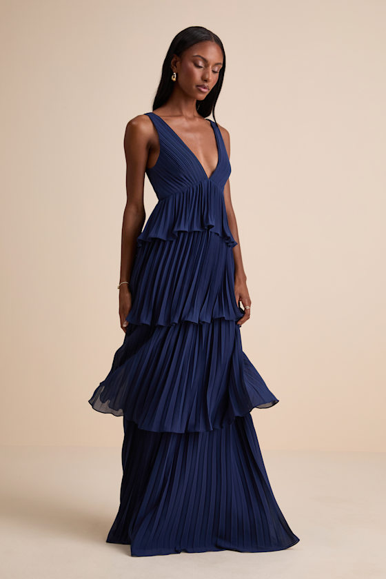 Mesmerizing Essence Navy Pleated Backless Tiered Maxi Dress