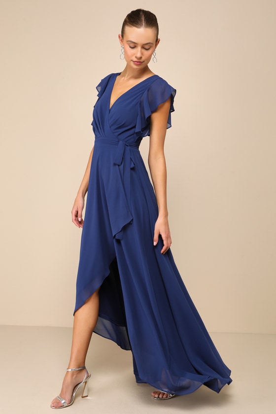 Ravishing Charm Dark Blue Ruffled Wrap High-Low Maxi Dress