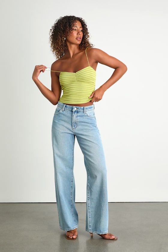 Jimena Lime Green Striped Knit Ruched Cami Top