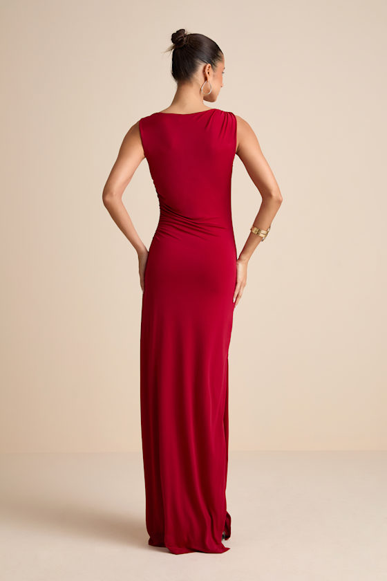 Significant Allure Red Slinky Knit Ruched Maxi Dress