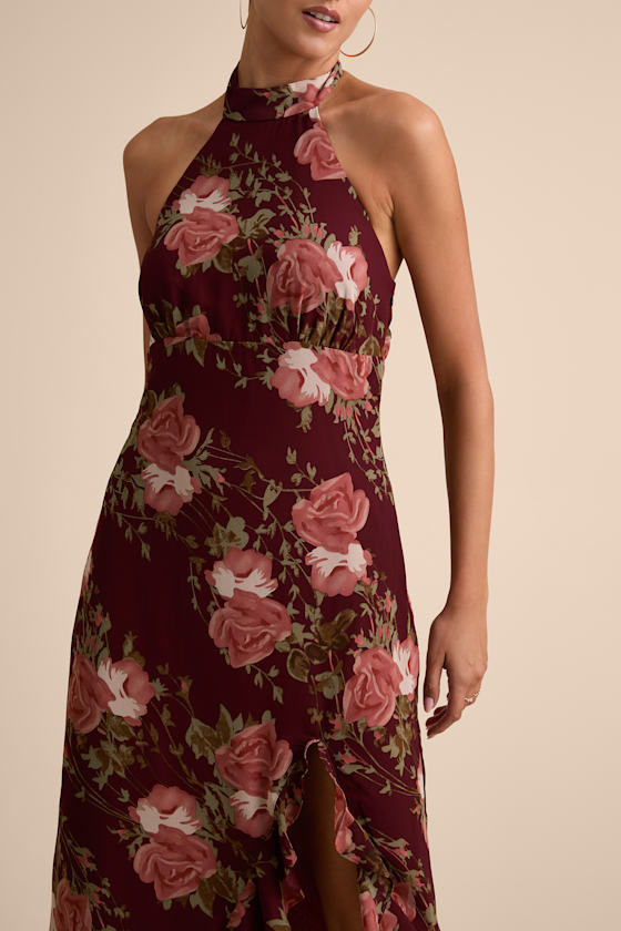 Elegant Entrance Wine Red Floral Print Halter Maxi Dress