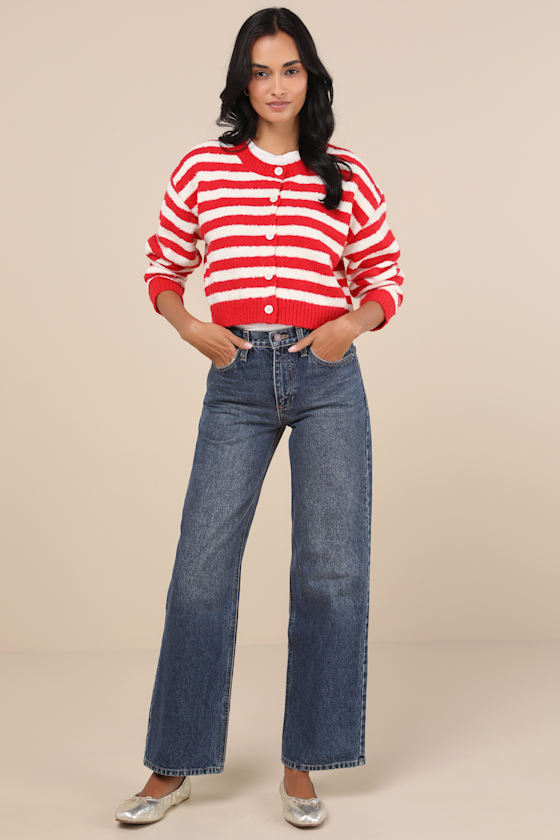 Cutest and Coziest Red and White Striped Crew Neck Cardigan