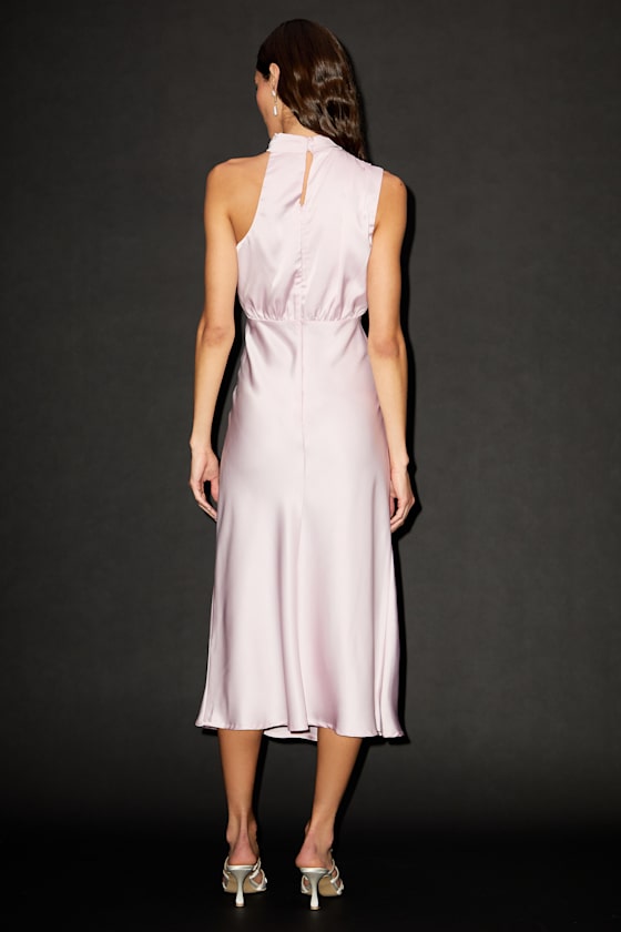 Distinctive Charm Light Pink Satin Asymmetrical Midi Dress