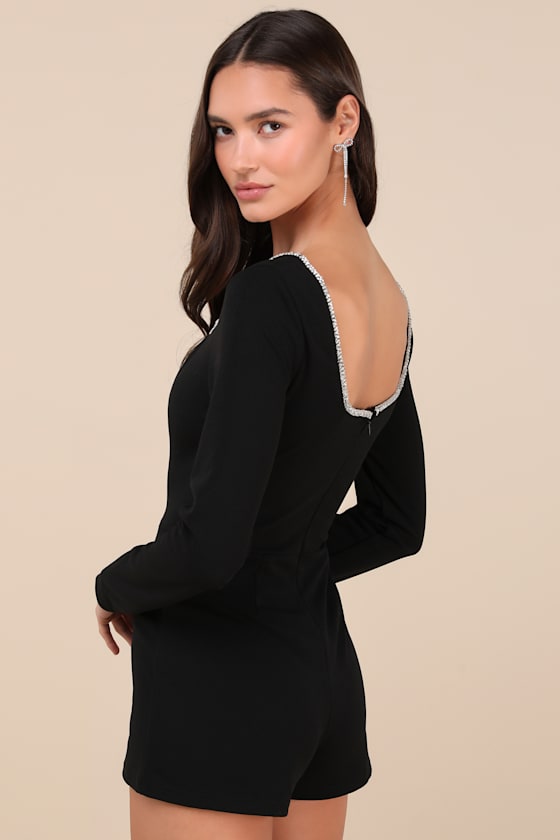 Marvelous Sparkle Black Rhinestone Long Sleeve Romper