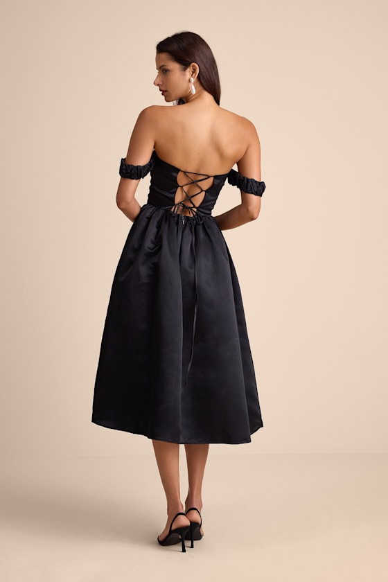 Coquette Essence Black Satin Off-the-Shoulder Lace-Up Midi Dress