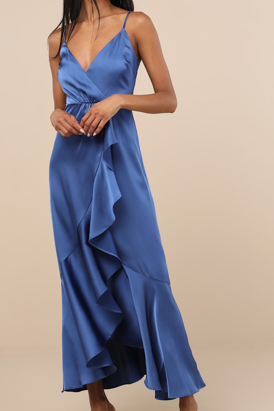 Enchanted Moments Blue Satin Ruffled High-Low Dress