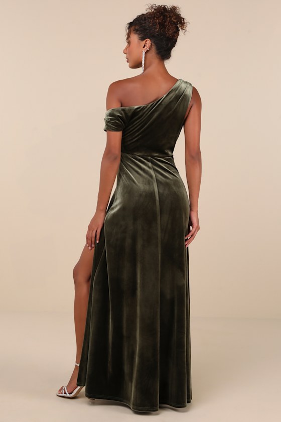 Coveted Confidence Olive Green Velvet Asymmetrical Maxi Dress