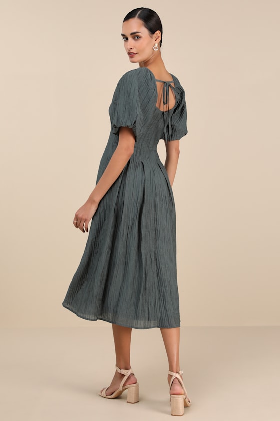 Heavenly Energy Dark Slate Textured Puff Sleeve Midi Dress