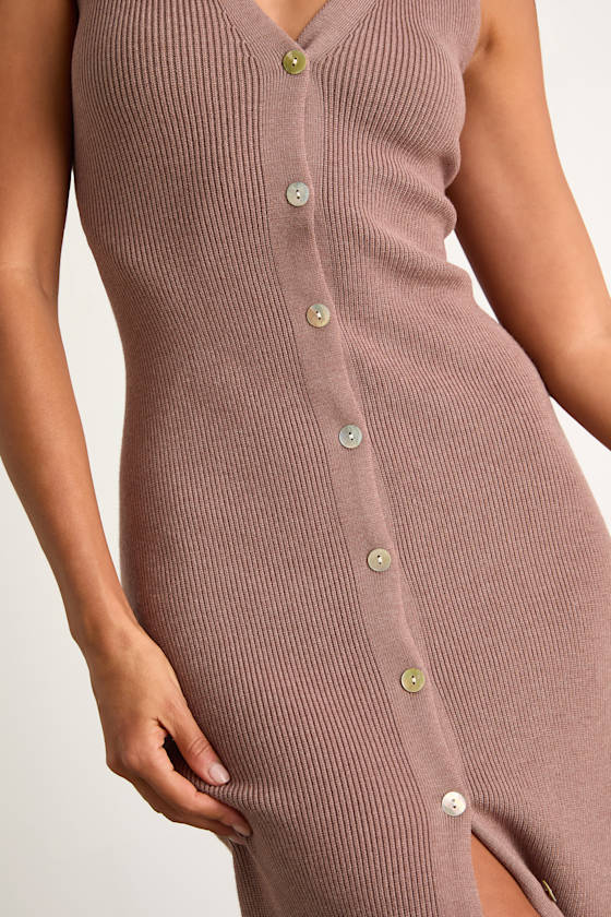 Emelyne Light Brown Ribbed Button-Front Sweater Midi Dress