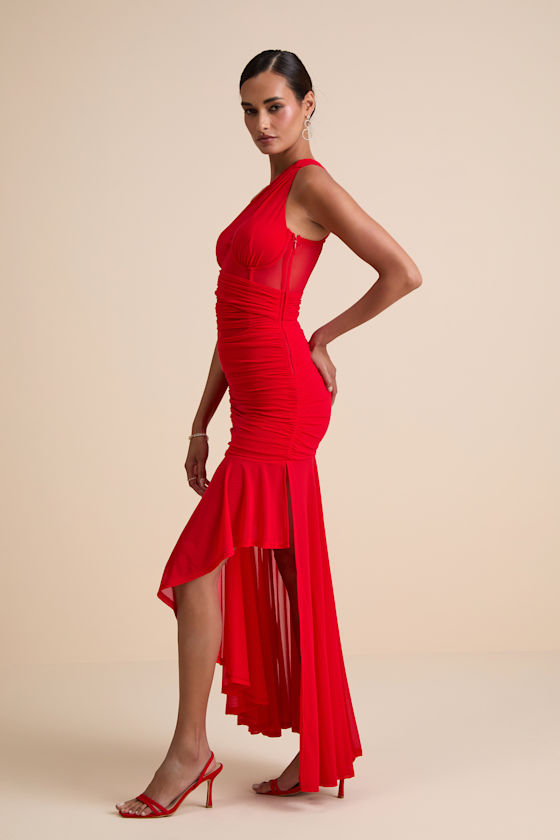 Marcellina Red Mesh Ruched One-Shoulder Maxi Dress