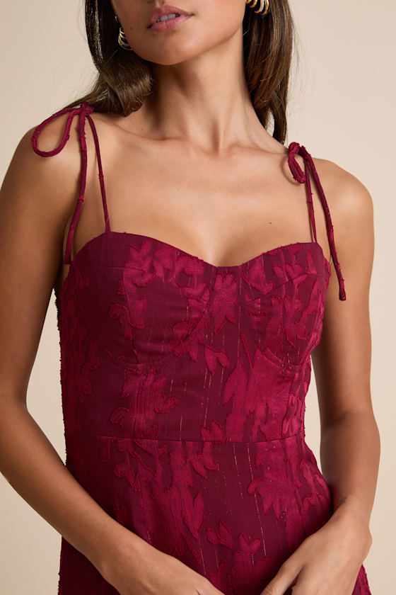 Loveliest Looks Burgundy Floral Jacquard Tie-Strap Midi Dress