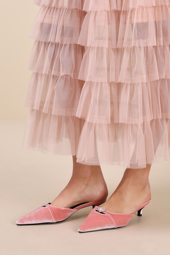 Ambersen Dusty Rose Velvet Pointed-Toe Kitten Heel Pumps