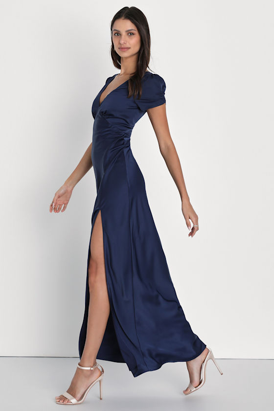 Epitome of Romance Navy Blue Satin Puff Sleeve Maxi Dress