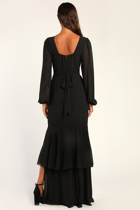 Tier Elegance Black Long Sleeve Tiered Maxi Dress