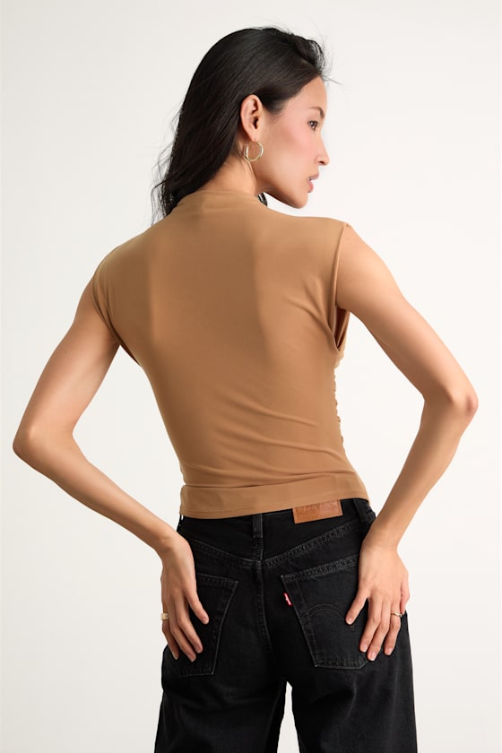 Avaina Tan Slinky Knit Ruched Mock Neck Sleeveless Top