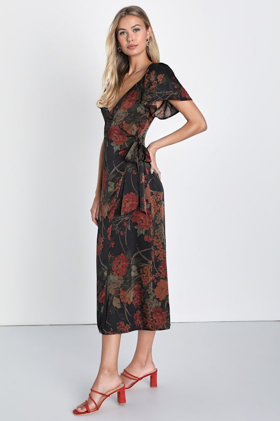 Subtle Elegance Black Floral Print Faux Wrap Midi Dress