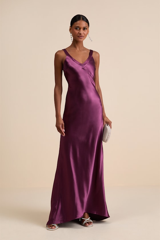 Perfectly Classy Plum Purple Satin Strappy Maxi Dress