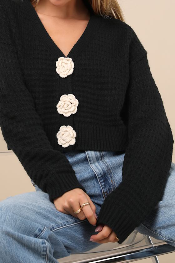 Sweetest Poise Black 3D Rosette Button-Front Cardigan