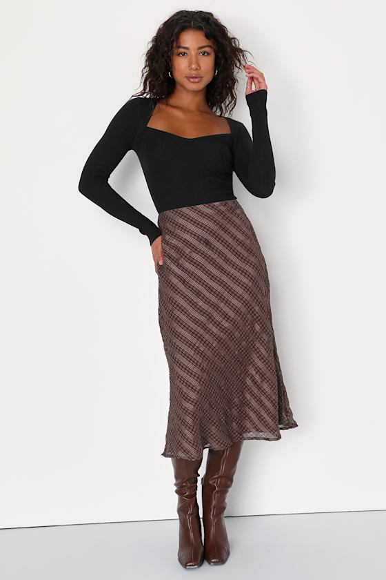 Trendy Era Brown Plaid Chiffon Midi Skirt